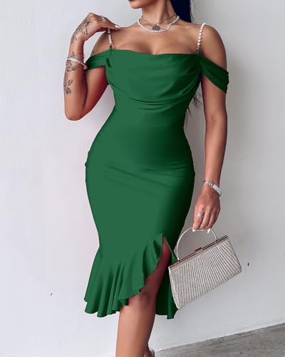 Image of CHICME Womens Sexy Bodycon Party Dress Off The Shoulder Pearls Strap Midi Dress Ruffle Hem Cocktail Dresses
