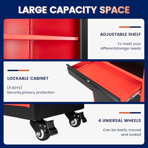 Image of Yizosh Metal Garage Storage Cabinet with Locking Doors and Adjustable Shelves,- 73 inch Rolling Tool Storage Cabinet with 4 Wheels and 1 Drawer for Garage,Warehouse (Red Black)