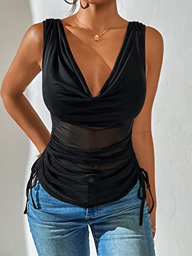 Verdusa Women's Sheer Mesh Ruched Drawstring Tie Side Draped Neck Sleeveless Tank Top Black S #TOP2