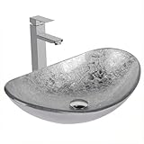 SOLIDEE Bathroom Boat Shape Artistic Glass Vessel Sink Free Chrome Faucet and Pop-up Drain Set, Silver