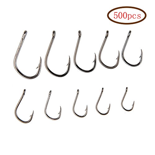 MINGZE 500 pzs anzuelos Ganchos de Pesca del Cebo de púas del Acero de Carbono Negro, 10 Diversos tamaños 3 a 12 Ganchos de Pescados
