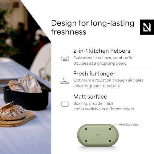 Image of LARS NYSOM Bread Box I Metal Box for long lasting freshness I Bread Bin with bamboo lid usable as cutting board I 13.8x7.7x5.3 In (Nordic Sage)