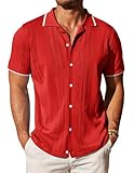 COOFANDY Men's Knit Button Down Shirt Vintage Short Sleeve Polo Shirts Casual Beach Tops Red