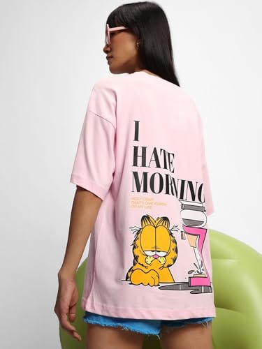 Image of Bewakoof X Garfield Garfield Women's 100% Cotton Graphic Print Oversized Fit Half Sleeve V-Neck T-Shirt | Casual wear | Streetwear | Oversized Tshirt for Woman Cotton| Baggy