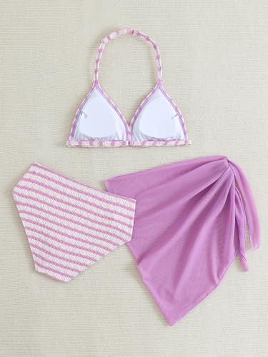 Image of SEGT Girl's 3 Piece Striped Bikini Swimwear Cute Swimsuits Bathing Suit High Waisted with Cover Up Beach Skirt
