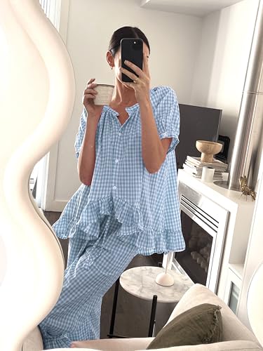 Argeousgor Women Plaid 2 Piece Pajama Set Button Down Puff Sleeve Babydoll Shirt Gingham Pants Pj Lounge Set Sleepwear4