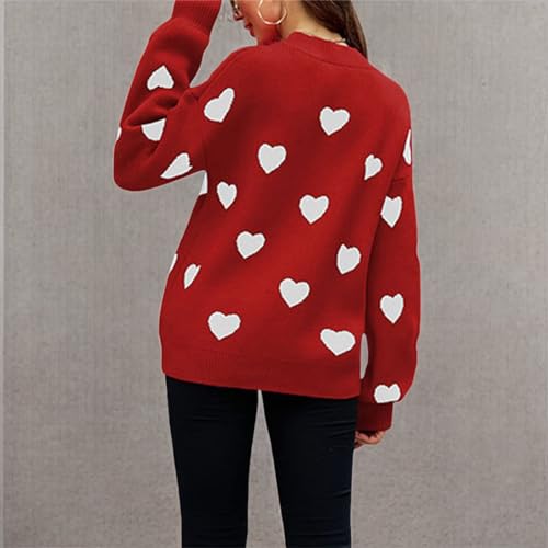 Image of Women's Cute Heart Sweater Love Print Valentine Romantic Knitted Top Casual Crewneck Long Sleeve Sweaters Pullover