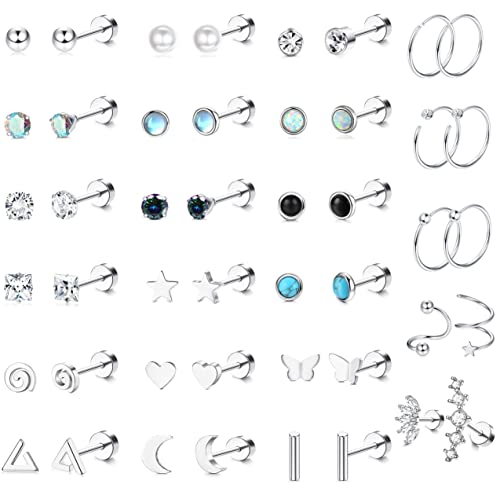 Sailimue 23Pairs Surgical Steel Flat Back Stud Earrings For Women Men Hypoallergenic 20G Tiny Cartilage Earrings Stud Hoops Small Cz Star Moon Heart Opal Helix Tragus Daith Earrings Piercing Jewelry #TOP20