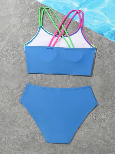 Image of Milumia Girl's 2 Piece Bikini Sets Textured Spaghetti Strap Swimsuit Bathing Suit Color Block 10 Years