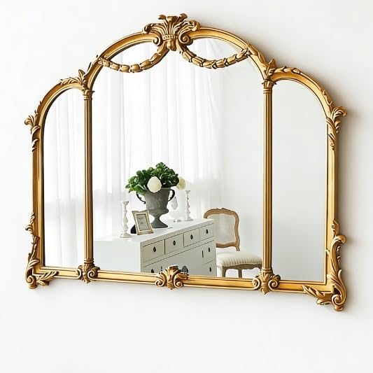 French Retro Bathroom Mirror Wall-Mounted Desktop Vanity European-Style Carved Smart Three-Sided Makeup.，31.580 * 70cm