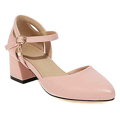 VOKLIN Women's Girls Pointed Toe Dress Pumps Ankle Strap Chunky Mid Heels Princess Mary Jane Sandals Shoes