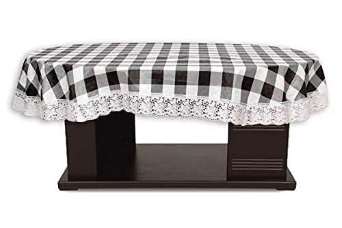 Image of The Furnishing Tree Waterproof PVC Oval Shaped 8 Seater Table Cover WxL 60x90 inches Gingham Pattern Black & White with White Border lace
