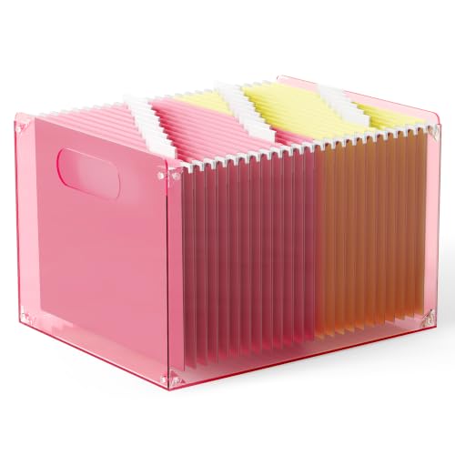Oterri Large Pink Acrylic File Organizer with Handle, Desktop Box