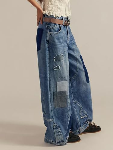 SCOFEEL Women Baggy Jeans Patchwork Mid-Rise Button Down Trendy Wide Leg Denim Pants with Pocket4