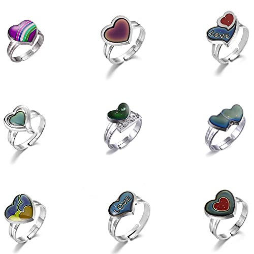 9 Pieces Adjustable Heart Series Mood Rings for Girls and Boys Heart-Shaped Mixed Color-Changing Mood Rings for Holiday Costume Props Birthday Party Gifts(Adjustable Size)