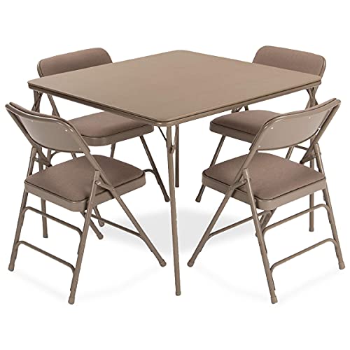 EventStable Titan Series Beige Folding Card Table and Beige Fabric Metal Folding Chair Set - 5 Pieces
