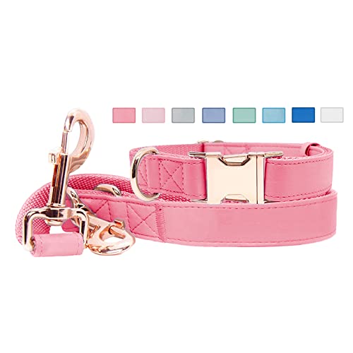 Soft Leather Dog Collar and Leash (6.6') Set - Stylish Rose Gold Heavy Duty Metal Buckle, 4 Adjustable Lengths Leash for Small Medium Large Dogs - Comfortable & Easy to Clean Dark Pink M(13.8"-19.7") by Runwing - Used condition - US$17.69