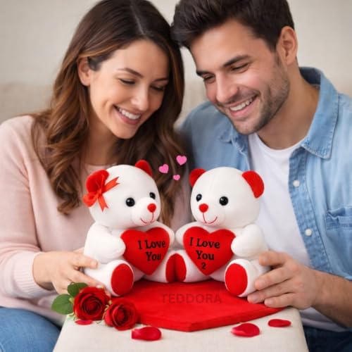 Image of Teddy Bear Couple on Heart Soft Toy for Girls Boys Kids, Stuffed Baby Gift Birthday, 20 cm Propose