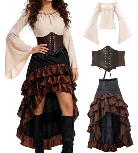minkasic Mittelalter Piratenkostüm Set Mittelalter Kleid Damen mit Piraten Korsett Oberteil Rock Faschingskostüm für Halloween Karneval Cosplay...