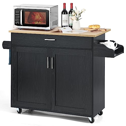 KOMFOTTEU Carrello da Cucina Ausiliario, Carrello di Servizio con Cassetto e Ripiano Regolabile, Isola da Cucina da Sala da Pranzo con Ruote Universali con Freni, in Legno, 116 x 40 x 85 cm, Nero