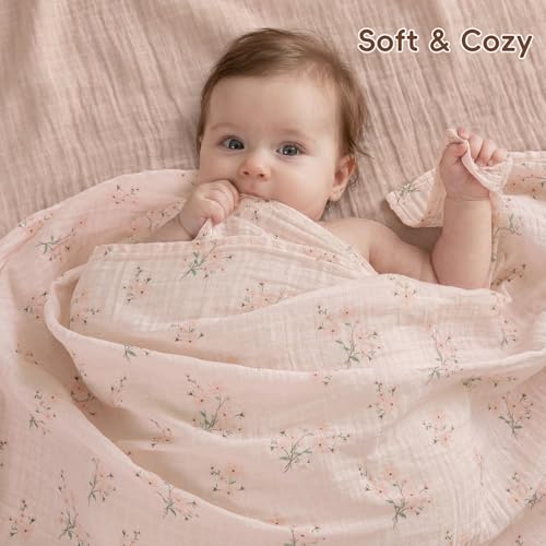Image of david's kids 4 Pack Baby Muslin Swaddle Blankets, 100% Cotton and Ultra Soft Breathable Receiving Blanket Wrap for Girls, New Born Essentials, Large 47 x 47 inches, Animals & Floral