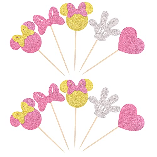 30 Pack Mouse Inspired Cupcake Toppers With Pink Bow Glitter Heart Gloves Mouse Cupcake Picks Baby Shower Kids Girls Birthday Party Cake Decorations Supplies #TOP2