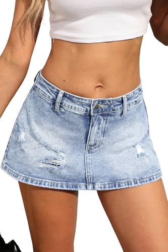 ELLEVEN Jean Skirt Skort for Women Denim Mini Skort Skirt with Shorts Underneath Y2k Elastic Low Rise Ripped Casual Streetwear Skorts Light Wash Small