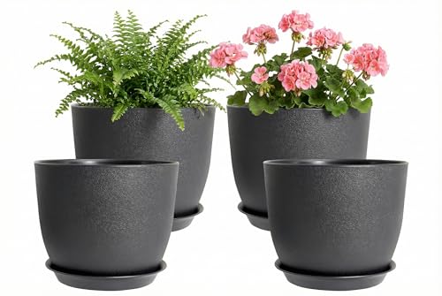 XQSHPDM 8 Inch Plant Pots Set of 4 Plastic Planters with Drainage Holes and Tray Flower Pots for Indoor Outdoor Plants and Flowers (Black)