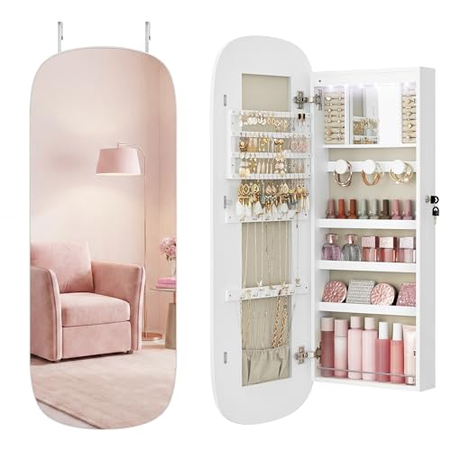 Image of SONGMICS HOME Jewelry Armoire, Mirror Jewelry Cabinet, Full Length Mirror with Storage, Wall or Over The Door Jewelry Organizer Cabinet, Built-in LED, Lockable Armoire, White