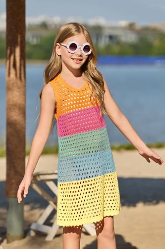 Image of Haloumoning Girls Color Block Crochet Knit Swim Cover up Kids Summer Sleeveless Beach Dress 5-14 Years