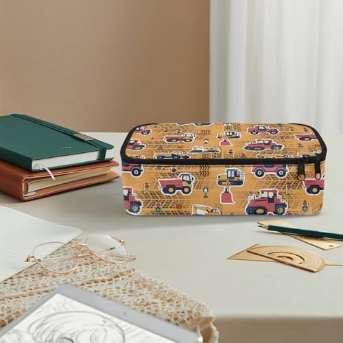 Image of Construction Vehicle Print Pencil Pouch for Boys 6-8 Kids Pencil Bag Portable Large Pen Bags with Mesh Pockets for Back to School Gifts