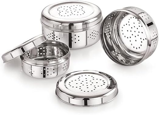 Stainless Steel Dhaniya Dabba with Holes Air Ventilation Fridge Storage Box for Coriander, Mint, Green Chilli, Green Onion Sprouts Maker Box | Kitchen Organizer Container | Puri Dabba (Set of 3)