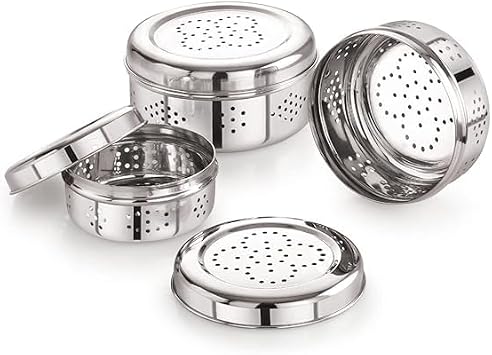 Stainless Steel Dhaniya Dabba with Holes Air Ventilation Fridge Storage Box for Coriander, Mint, Green Chilli, Green Onion Sprouts Maker Box | Kitchen Organizer Container | Puri Dabba (Set of 3)