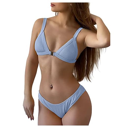 ZAFUL Women's Straps Textured Ribbed Front Closure High Cut Bikini Set Swimsuit (Silk Blue, S)