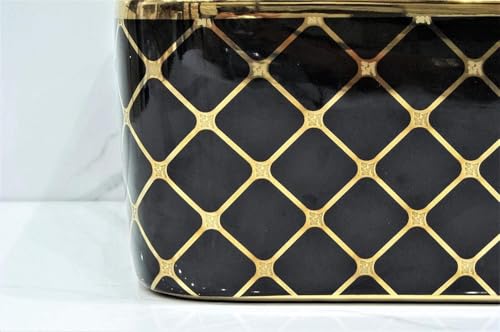 Image of BASSINO 19x15x5 Inches Ceramic Counter Top Wash Basin /Black & Gold Basin for Bathroom /Modern Design /Rectangular Shape Tabletop Washbasin for Restaurant /Dining Hall /Living Room /Home(Glossy)