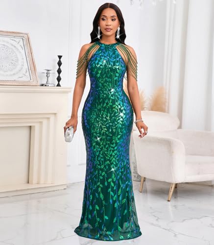 Image of Cololura Women Sexy Elegant Sequin Tassel Off Shoulder Halter Bodycon Maxi Dress Party Evening Gown Formal Dress