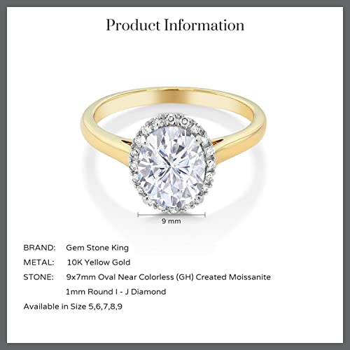 Gem Stone King 10K Yellow Gold White Moissanite and Diamond Engagement Ring | 2.24 Cttw | Oval 9X7MM | Wedding Anniversary Promise Ring For Women | Available In Size 5, 6, 7, 8, 94