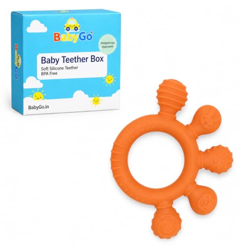 Image of BabyGo 2-in-1 Baby Teether & Sensory Ring | Soft Silicone Multi-Textured Chew Toy for Gum Soothing | Mouthing & Sensory Development | Easy-Grip Toy for Infants 3-12 Months | Orange | Pack of 1