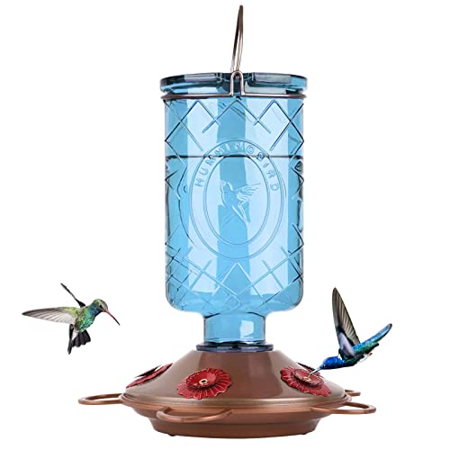 BOLITE 18005CB Hummingbird Feeders, Glass Hummingbird Feeders for Outdoors, 5 Feeding Stations, 22 Ounces, Blue Bottle, New