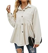 Ladyful Womens Corduroy Peplum Shirt Button Down Long Sleeve Babydoll Layered Hem Blouse Tops