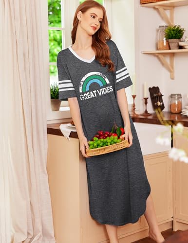 Image of Ekouaer Nightgowns for Women Long Nightgown Plus Size Moo Moos House Dress | Color Block Sleep Dress, Short Sleeve Sleepwear, V Neck Loungewear, Oversized Lounge Dress, M-5XL, Daily Wear, Sleep, Home