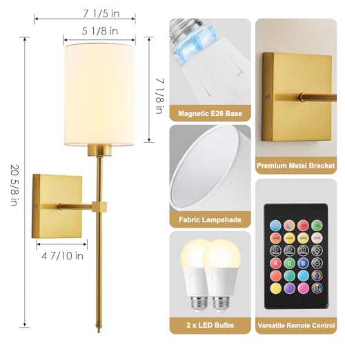 Image of KARTOOSH Battery Operated Wall Sconce Set of Two, Wireless Rechargeable Wall Light with Remote Control, Dimmable, 4 Color Temperatures, RGB, Timer, for Living Room,Bedroom,Entryway, Gold, 20.6 Inch