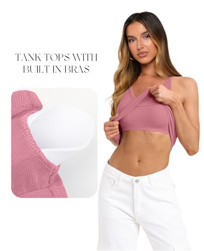 Image of Darong Womens V Neck Tank Top Built in Bra | Halter neck, Built in bra, Ribbed knit, Soft material, V neck, Strappy back, Sexy style