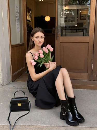 Women's Mid Calf Boots Patent Round Toe Chunky Heel Platform Ankle Boots Trendy Slip on Moto Combat Booties4