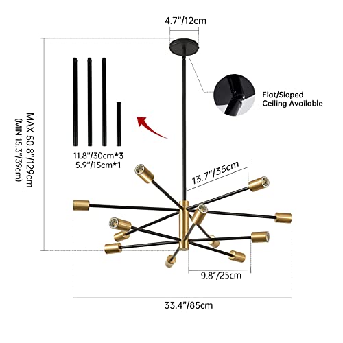 Ruiyey Modern Chandelier Ceiling Light Fixture Sputnik Chandeliers Gold And Black Farmhouse Chandelier Over Table 12-Light Height Adjustable Chandeliers For Dining Room thumb #1