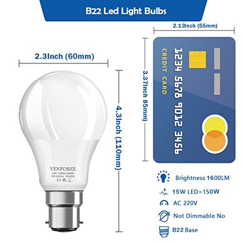 Venforze Bayonet Light Bulbs 150 Watt Equivalent, 15W A60 B22 LED Bulbs, Super Bright 1600LM, Daylight White 6000K, BC Energy Saving Bulbs, Non-dimmable, 4P - Image 5