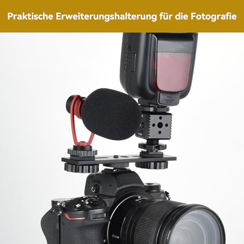 UTEBIT Dual Blitzhalterung 5 Zoll, Aluminium Blitzschiene mit 1/4 und 3/8 Schraube Kamera Flash Bracket mit Doppel Blitzschuh für DSLR Kamera, LED Licht, Mikrofon, Stativ Zubehör