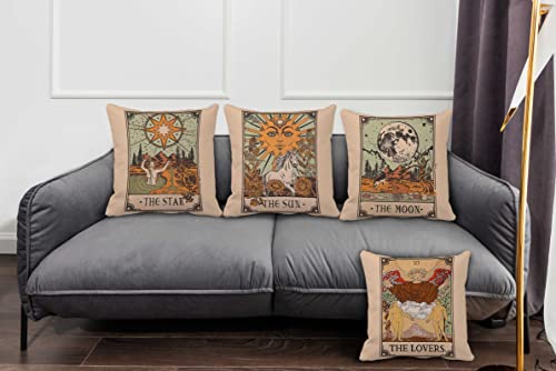 Astrology Themed 18’’X18’’ Set Of 4 Tarot The Sun The Moon The Star The Lovers Twelve Constellations Decorative Throw Pillow Case,Mystical Home Decor,Gifts For Tarot Astrology Lovers Women Girls #TOP1