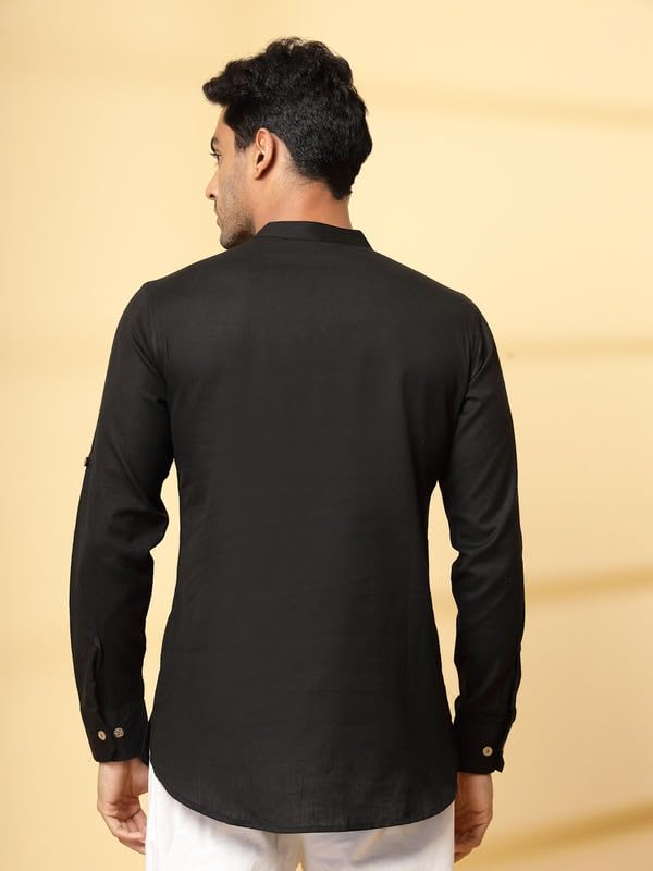 Image of Vastraa Fusion Men's Handloom Weaving Pure Cotton Short Kurta, Round Collar, Full Sleeves,Button Kurta, Ethnic Wear