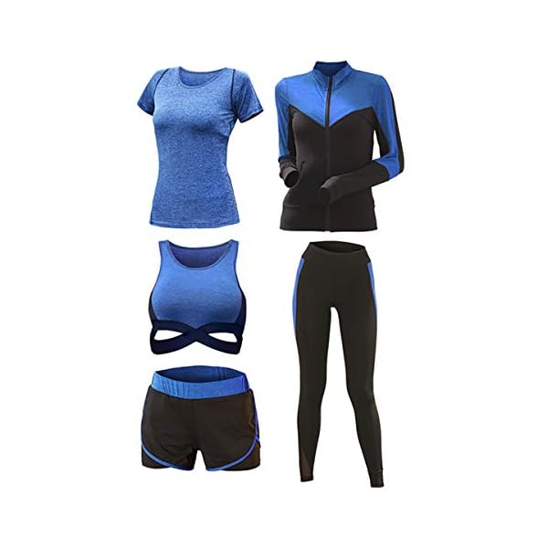 Womens Yoga Gym Suit Tights Sportswear Training Wear Running Suit Fitness Series - 5pcs Set (Large, Blue)